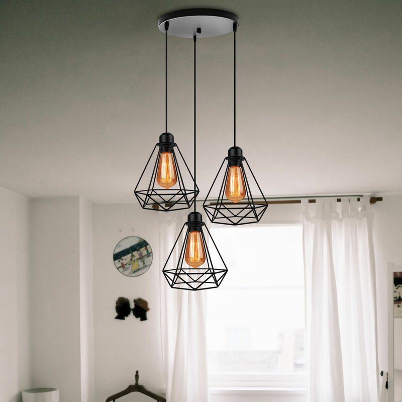 Pendant Light in Diamond Shape, 3 Lights Spiral Industrial Chandelier with Lampshade, Creative Cage Ceiling Lamp Ø20cm