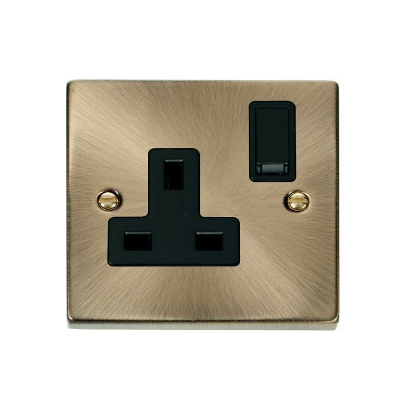 Se Home - Antique Brass 1 Gang 13A dp Switched Plug Socket - Black Trim