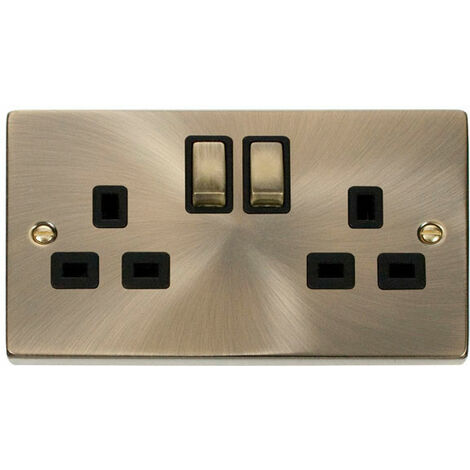 Antique Brass 2 Gang 13A DP Ingot Twin Double Switched Plug Socket - Black Trim - SE Home