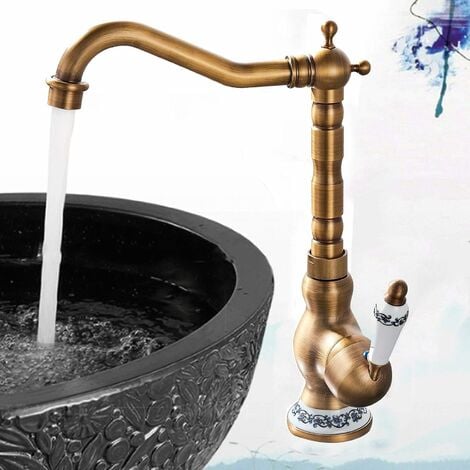 ZAMERY Antique Brass Bathroom Basin Taps Mixer Retro Sink Tap Brass Single Hole Deck Mounted Basin Mixer Wash Sink Tap 360° Rotable High Spout Deck Mounted Mixer Tap