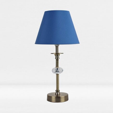 Antique Brass Plated Stacked Bedside Table Light with Faceted Acrylic Detailing and Blue Fabric Shade