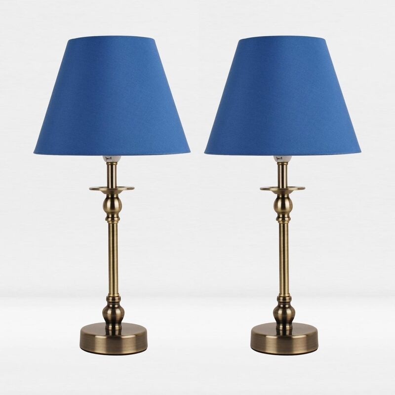 Set of 2 Antique Brass Plated Bedside Table Light with Detailed Column and Blue Fabric Shade