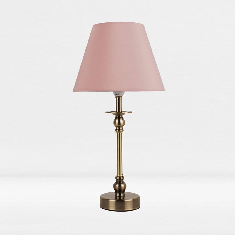 Antique Brass Plated Bedside Table Light with Detailed Column and Blush Pink Fabric Shade