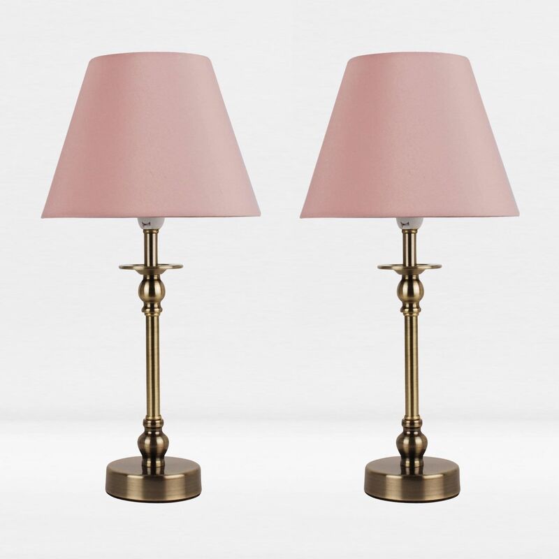 Set of 2 Antique Brass Plated Bedside Table Light with Detailed Column and Blush Pink Fabric Shade