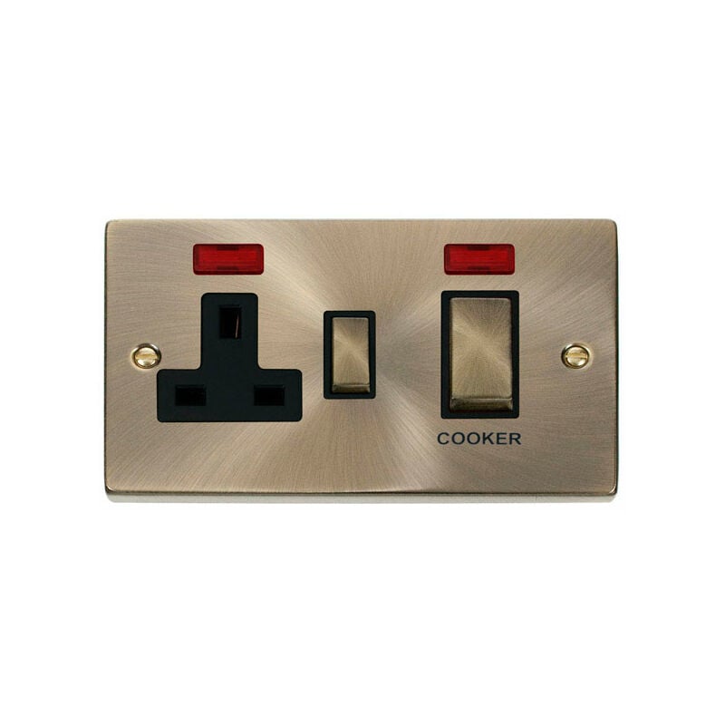 Se Home - Antique Brass Cooker Control Ingot 45A With 13A Switched Plug Socket & 2 Neons - Black Trim