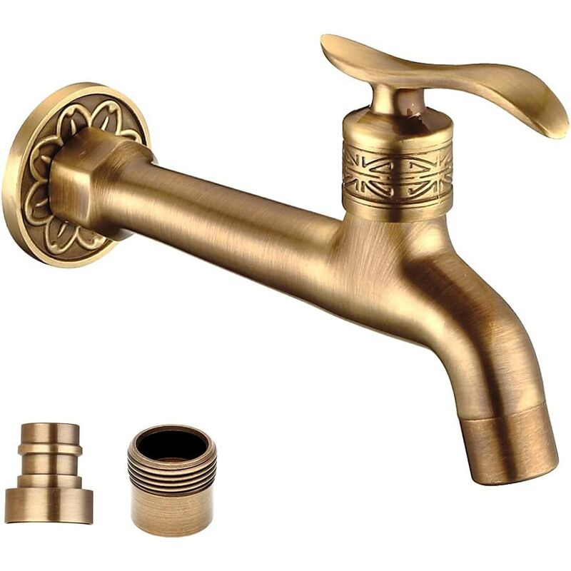 Antique Brass Lever Handle Laundry Bathroom Wall Mount Washing Machine Faucet Outdoor Garden Hose Single Cold Tap (Long)