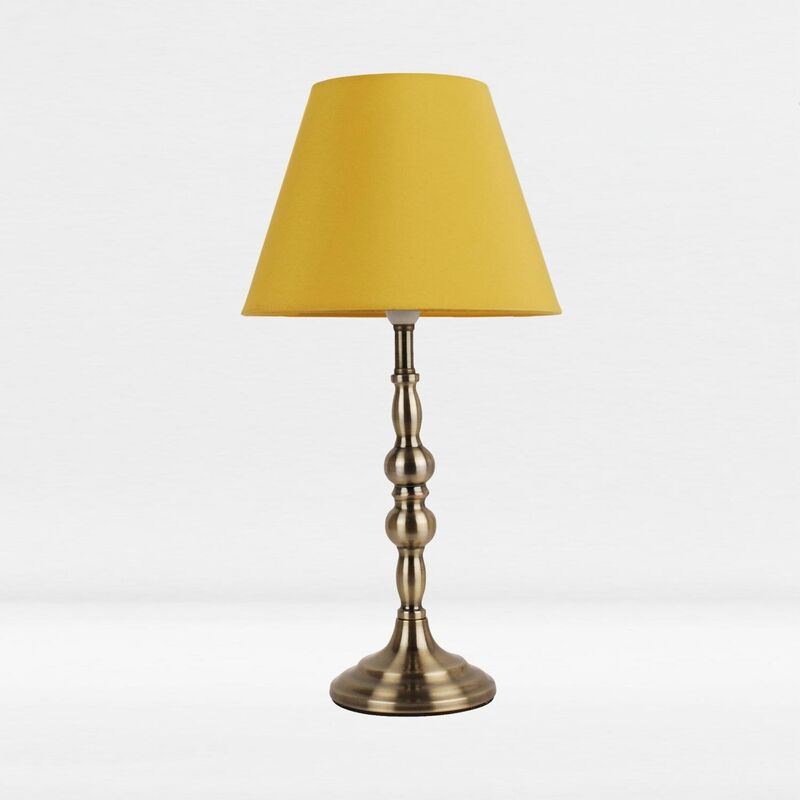 First Choice Lighting - Antique Brass Plated Bedside Table Light With Candle Column Ochre Fabric Shade - Antique Brass Plate And Textured Ochre Cotton