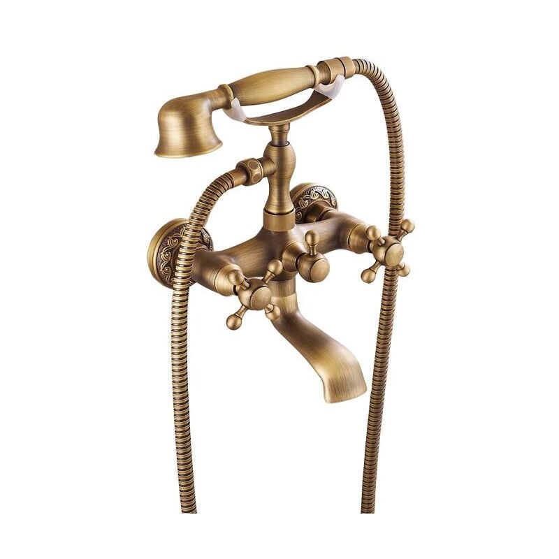 Retro Bath Mixer Tap Antique Brass Wall Mounted With Shower