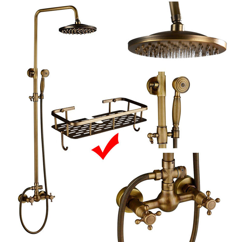 Ouyifan - Antique Brass Shower Column Shower Set Shower System Antique Brass Bathroom Shower Faucet Set Wall Mounted Double Handle Hand Shower with