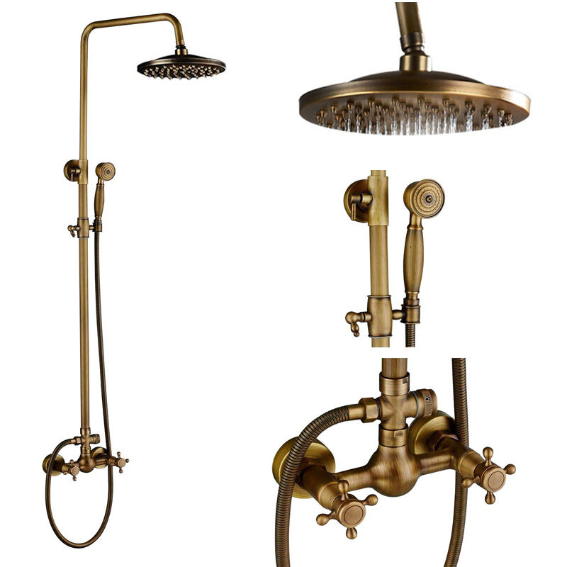 Antique Brass Shower Column Shower Set Shower System Antique Brass Bathroom Shower Faucet Set Wall Mounted Double Handle Hand Shower with Brass
