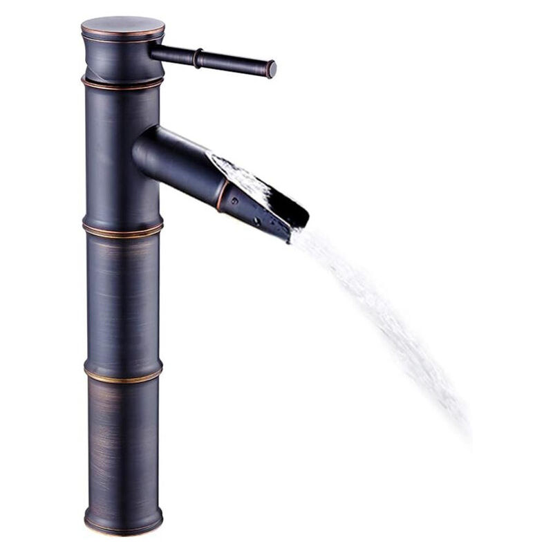 Largeight - Antique Bronze Bamboo Design Waterfall - New Commercial Modern Faucet Black Bronze Stainless Steel 3 Connections Bathroom Sink Faucet No
