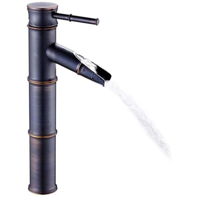Antique Bronze Bamboo Design Waterfall - New Commercial Modern Faucet Black Bronze Stainless Steel 3 Connections Bathroom Sink Faucet No Pop-Up