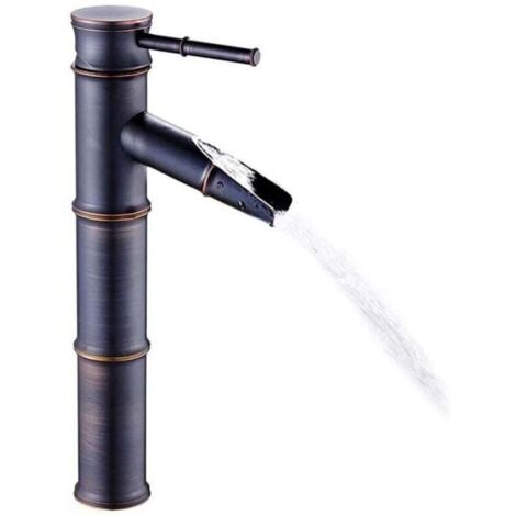 Antique Bronze Bamboo Design Waterfall - New Commercial Modern Faucet Black Bronze Stainless Steel 3 Connections Bathroom Sink Faucet No Pop-Up Drain, Black
