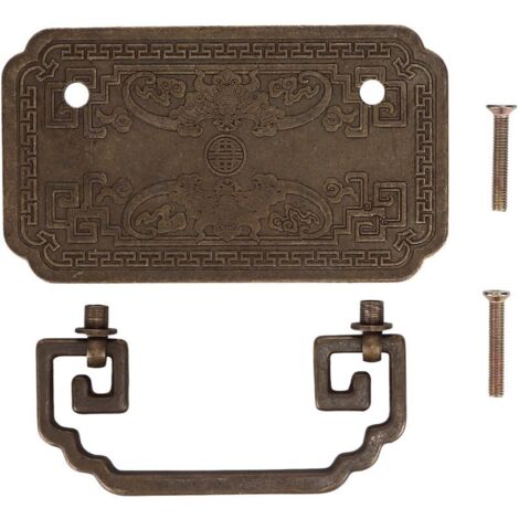 Antique Chinese Tetragonal Drawer Pull with 2 Screws for Cabinet Doors, Bronze Handle. The cabinet pull is a vintage drawer pull with a tetragon (bronze).