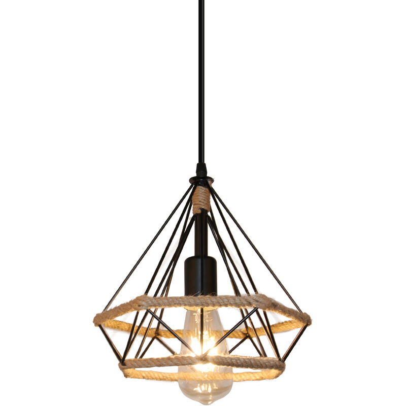 Antique Classic Ceiling Lamp Hemp Rope Pendant Light Creative Droplight Cable Adjustable Lamp Diamond Cage Shape 25cm Chandelier For Cafe Bedroom