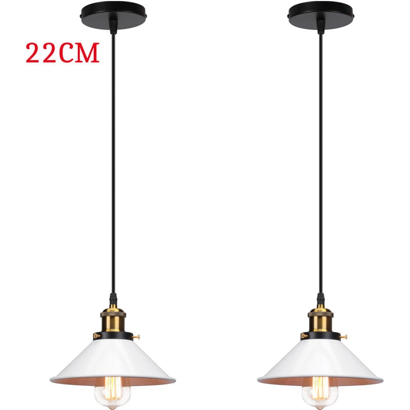 2pcs Metal Pendant Light with Ø22cm Lamp Shade, Vintage Hanging Ceiling Lamp, Retro Minimalist Chandelier for Kitchen Island Living Room (White)