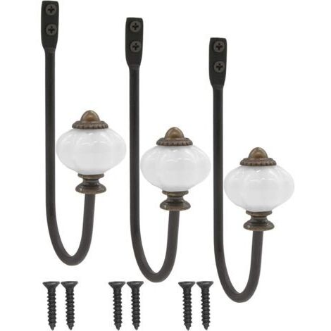 Antique coat hook, hat hook, iron hook with ceramic head and brass crown - vintage country style - set of 3