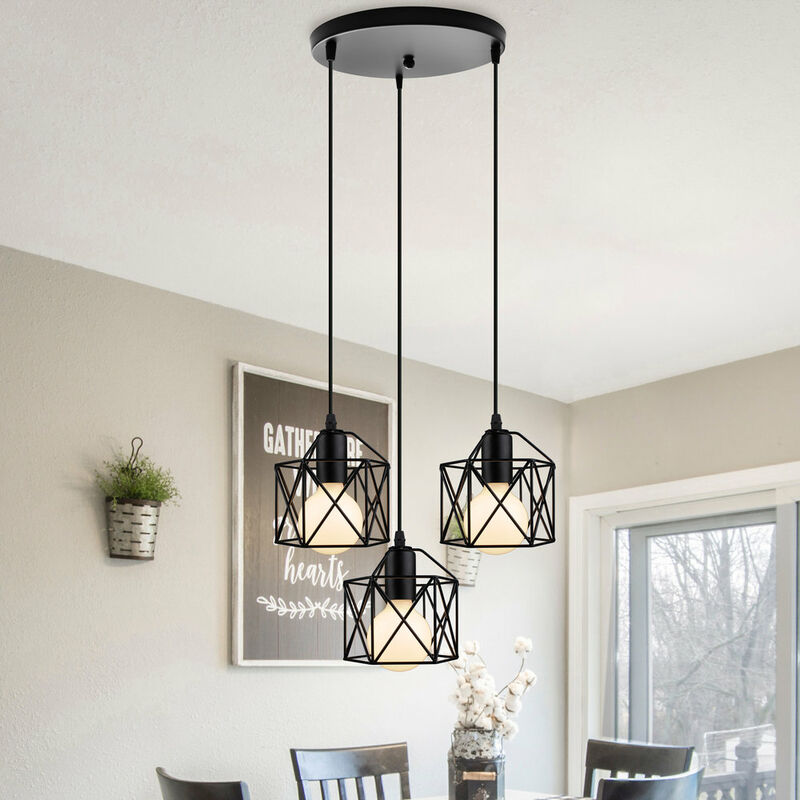 Pendant Light 3 Lights Spiral E27 Holders, Vintage Metal Squre Chandelier, Industrial Hanging Ceiling Lamp with Wire Cage for Kitchen Island Dining