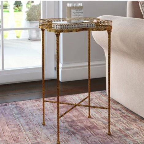 main image of "Antique French Side Table Mirrored Glass Furniture Small Vintage Tray Metal Gold"