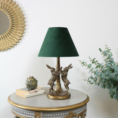 Antique Gold Hares Table Lamp with Green Shade - Gold / Green