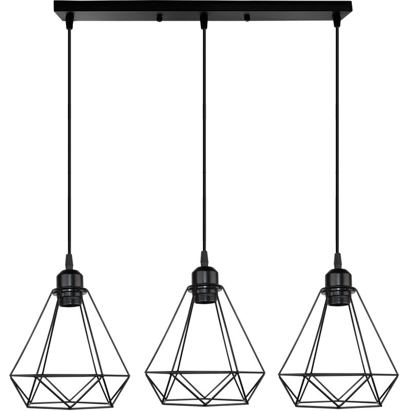 Antique Pendant Light,Industrial Hanging Light Metal Iron Chandelier Retro Hanging Lamp 3 Heads Pendant Lamp Vintage Diamond Pendant Light Black Ø20CM