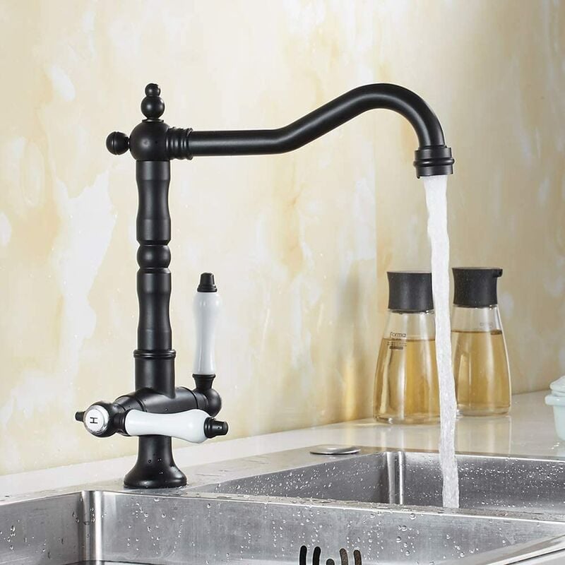 Petites Ecrevisses - Robinet Mitigeur Cuisine Vintage Robinet de Lavabo Rétro 2 Poignées Réglable Chaude et Froide Rotatif 360° Noir