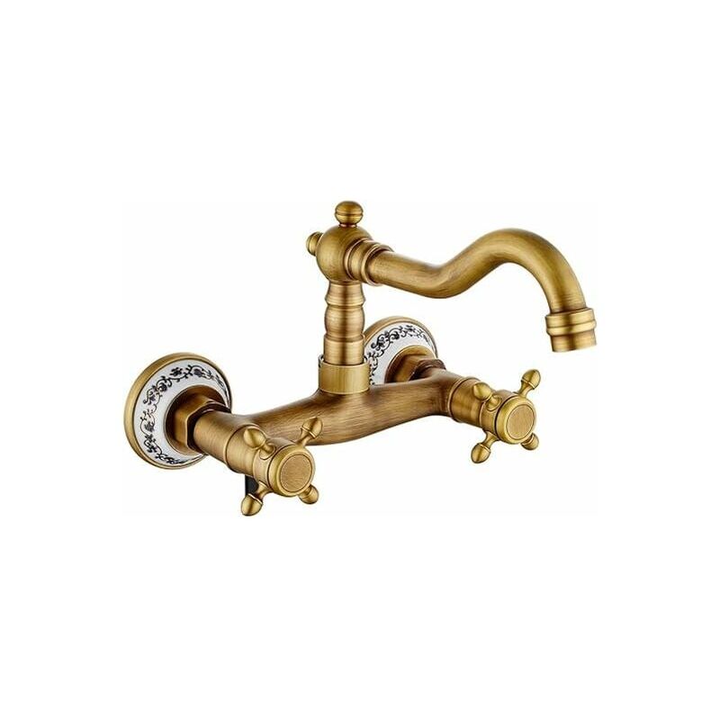 Sjqka - Antique Wall Mounted Kitchen Faucet Wall Mounted Kitchen Mixer Retro Wall Mounted Kitchen Faucet Antique Bronze 360° Rotation Double Control