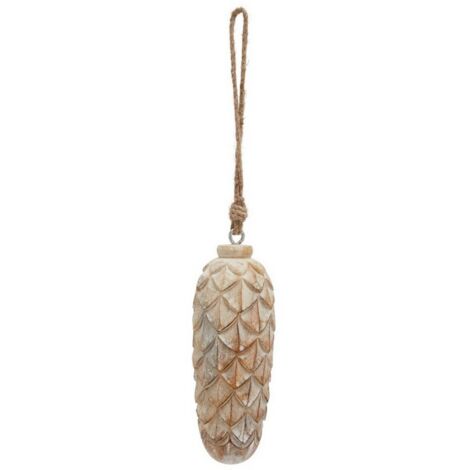 Antique White Wash Large Pine Cone Bauble - Wood - L7 x W7 x H18 cm - Brown
