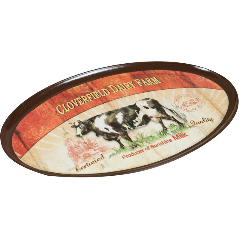 Antiqued decorated polycarbonate cow oval tray