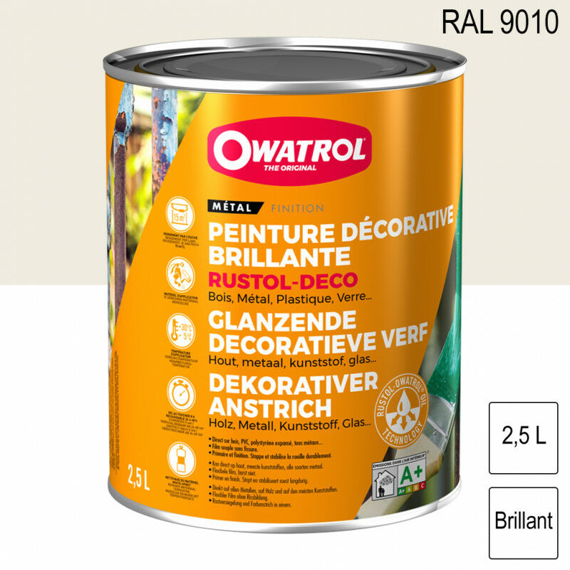 Durieu - Peinture décorative antirouille Rustol Deco ral 9010 Blanc pur brillant 2,5L owatrol
