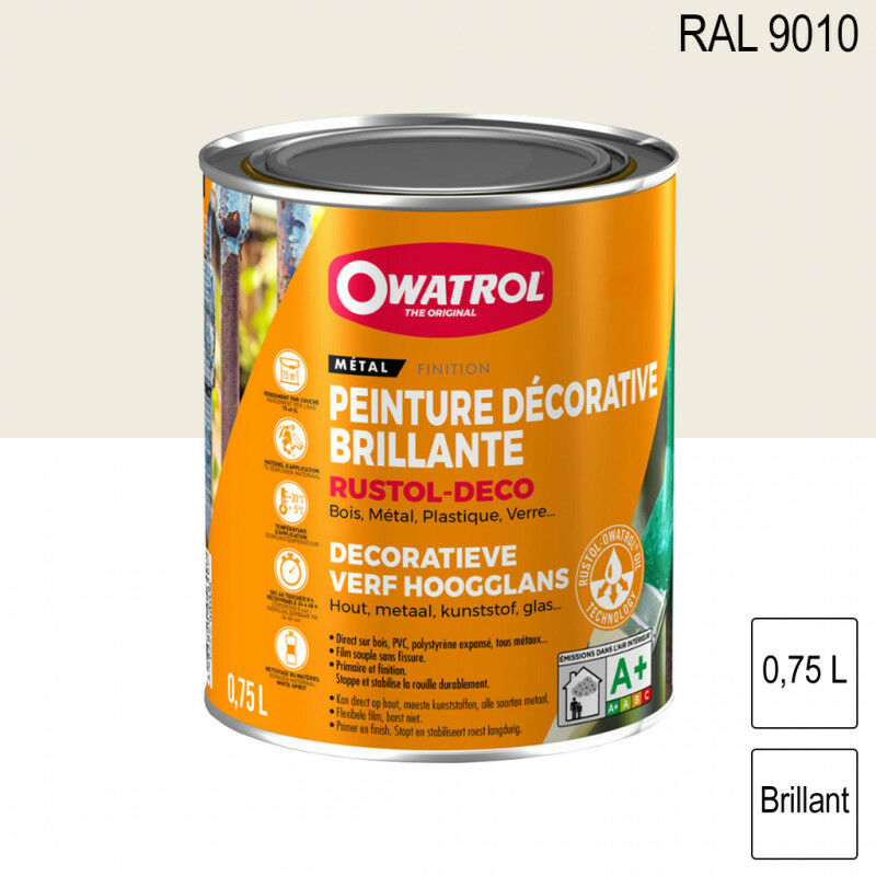 Durieu - Peinture décorative antirouille Rustol Deco ral 9010 Blanc pur brillant 0,75L owatrol