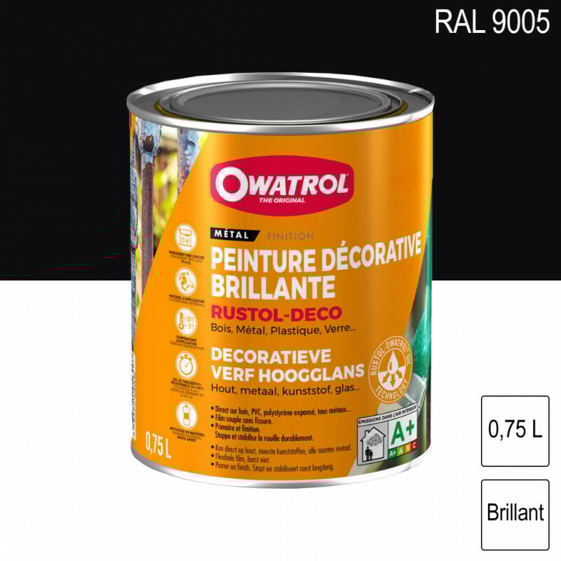 Durieu - Peinture décorative antirouille Rustol Deco ral 9005 Noir foncé brillant 0,75L owatrol