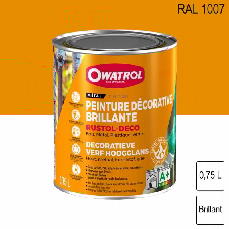 Durieu - Peinture décorative antirouille Rustol Deco ral 1007 Jaune narcisse brillant 0,75L owatrol