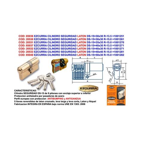 Antistoß-Sicherheitszylinder aus Messing DS-15 30x30 R-15