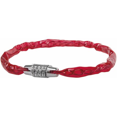 Antivol 4 chiffres 500mm vélo VTT rouge transparent chaine acier tête chromé protection plastique