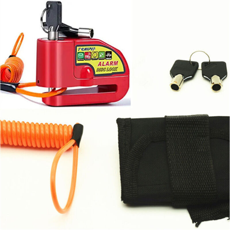 Ahlsen Antivol de disque de moto avec alarme 110 dB, alarme antivol de disque de moto pour moto/vélo/scooter, 2 clés, câble d'alerte de 1,5 m,rouge