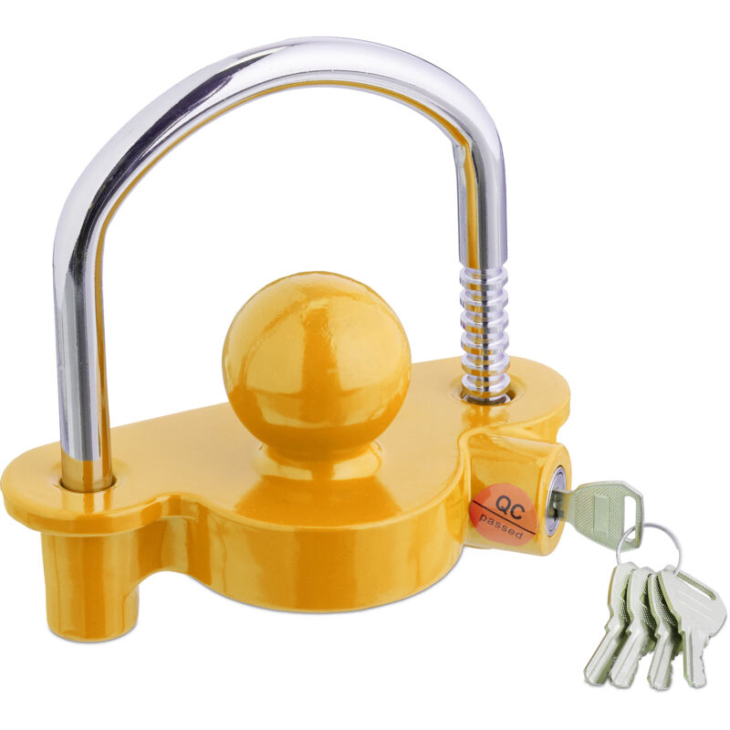 Antivol de wagon pour attelage, 5 clés, protection contre le vol des remorques, caravanes, jaune/argenté - Relaxdays