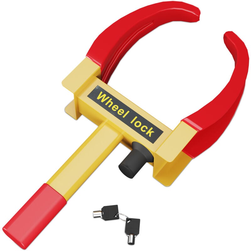 Antivol de roue pour voiture, Kralle de parking, remorque & caravane, acier, jaune-rouge - Relaxdays