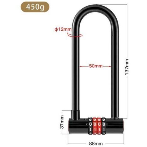 Antivol de vélo en forme de U, cadenas à combinaison à 4 chiffres, fonction de réinitialisation, étanche, joint à double tenon, crochet de cadenas de 137 mm de long, convient aux portails d'école.