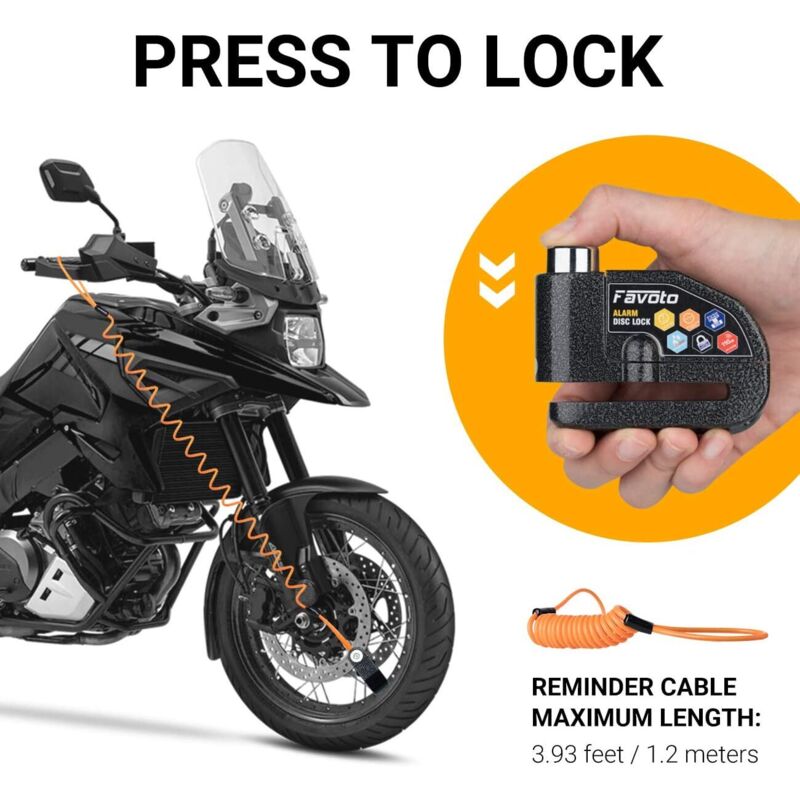 Antivol Moto Bloque Disque Bloc Disque avec Alarme de 110dB Disc Lock Scooter Vélo, 2 Clés/1 Clé en L/Piles de Rechange/Câble de Rappel 7mm Epaisseur