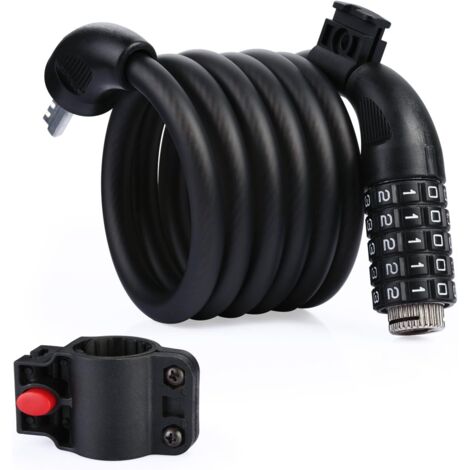 Antivol pour vélo, 105 cm x 10 mm, compatible avec vélos, scooters, motos et portillons, avec code intelligent à 5 chiffres et support pour vélo, couleur noire.-AquaForge
