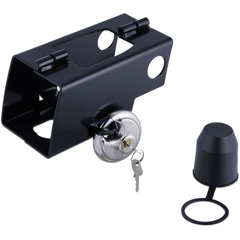 Antivol remorque, attelée et non-attelée, protection contre le vol, avec cadenas à disque et cache-boule, noir - Relaxdays