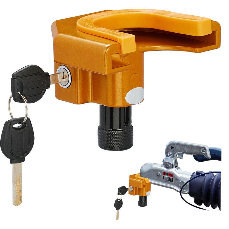 Relaxdays Antivol remorque pour tête d'attelage, 2 clés, protection contre le vol, cadenas pour caravane, orange/noir