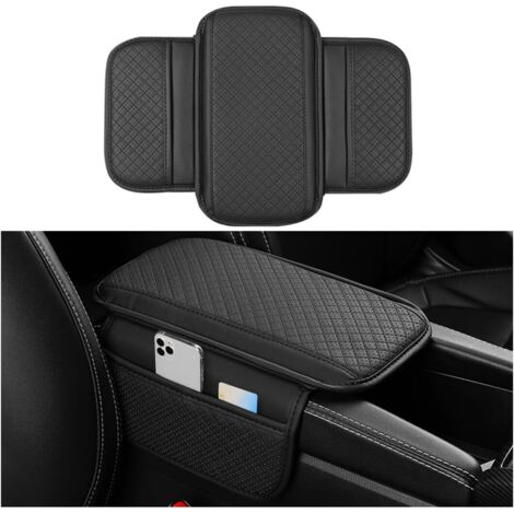 Anwendbare Auto-Mittelkonsolenabdeckung, Leder-Fahrzeugsesselkissen mit 2 Aufbewahrungstaschen, Auto-Innenraum-Sessel-Sitzbox-Kissenzubehör, Universal-SUV, Limousine, LKW (Schwarz)