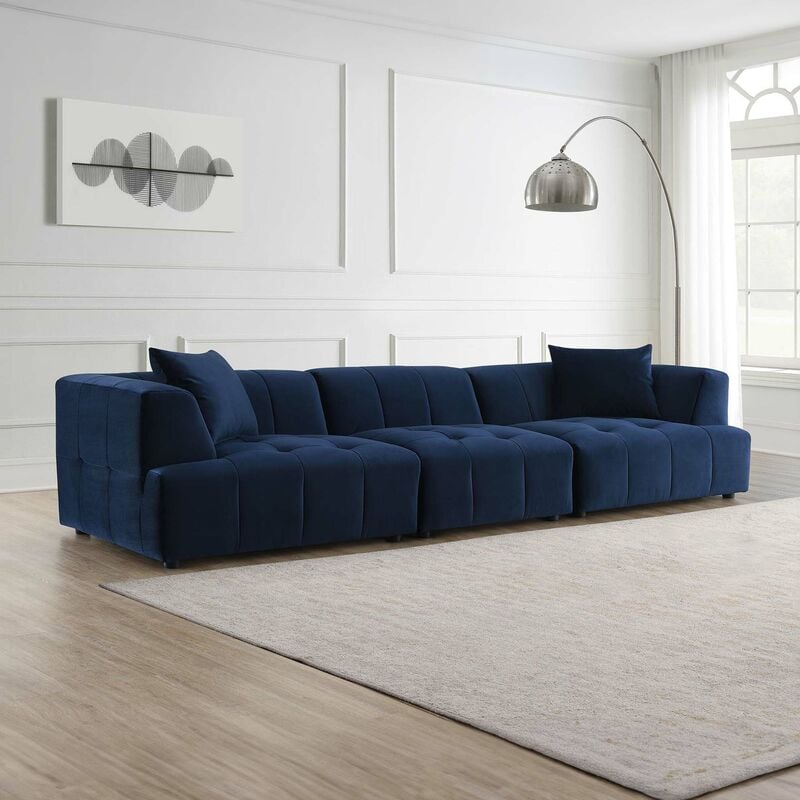 mobilier deco - anya - canapé capitonné 4 places en velours bleu - bleu