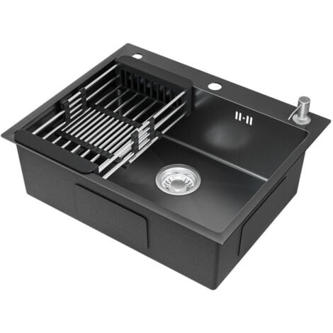 Anycee Max Lavello da cucina 60 x 49 cm in acciaio inox, vasca singola con scolapiatti e dispenser per sapone, antracite