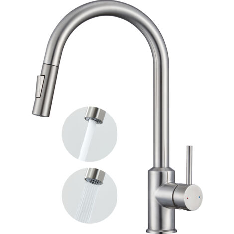 Anycee Max Rubinetto da cucina estraibile a forma di U in acciaio inox con doccetta estraibile, miscelatore per lavello, 2 modalità di uscita dell'acqua - Spazzolato