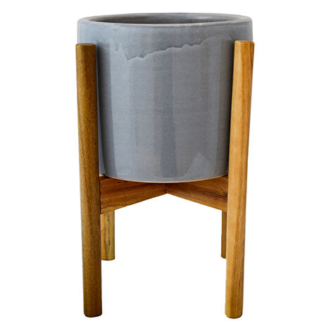 Anzio Planter with Wooden Stand - Ceramic - L24 x W24 x H38.5 cm - Warm Grey