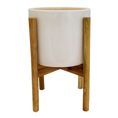 Anzio Stone Planter with Wooden Stand - Ceramic - L24 x W24 x H38.5 cm - White