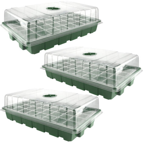 Anzuchtbox mit Feuchtigkeitskuppel [Sämlingsbox] – Keimgewächshaus mit einstellbarer Belüftung, 3 PP-Boxen (38,6 x 24,7 x 11 cm), Grün/Schwarz